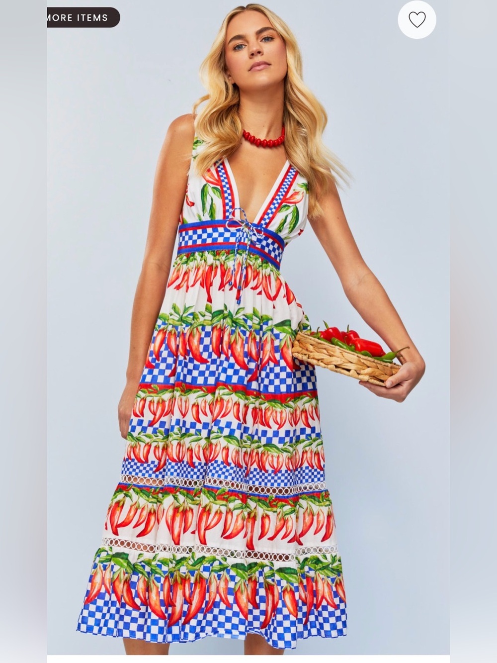 Farm Rio Picnic Peppers Ainika Off-White Midi Dress White Chili Pepper Print